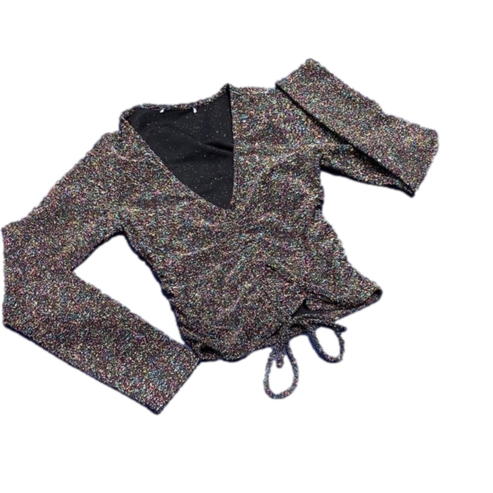 Long Sleeve V Neck Black Multicolor Sparkle Crop Top Womans Sz S